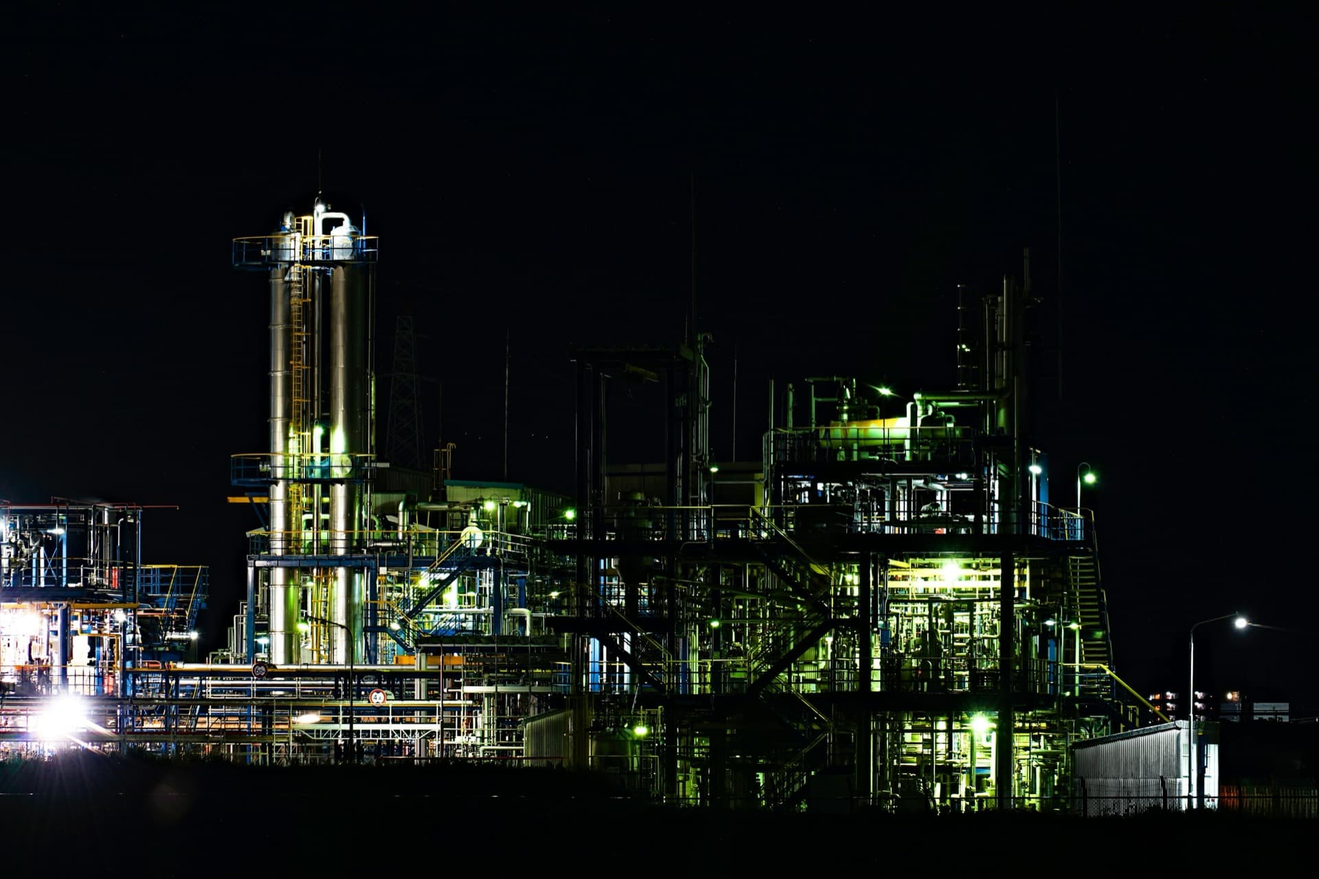 Industrial processing plant illuminated at night