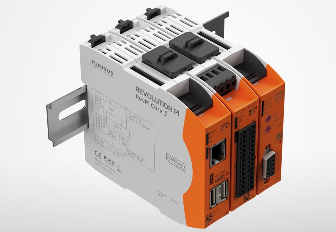 Revolution Pi Core 3 with DIO module on DIN rail